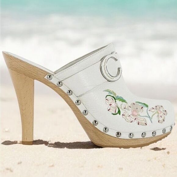 Rare Vintage DIOR by John Galliano White Embroidered Floral Print Clogs … - Picture 2 of 14